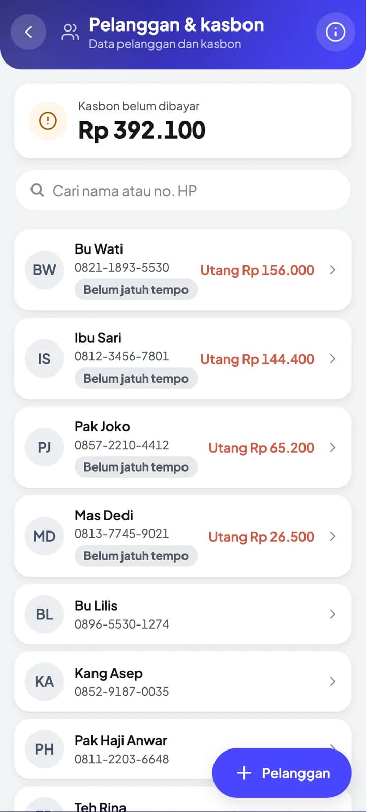 Etalasse Mini Retail di HP: layar Kasbon