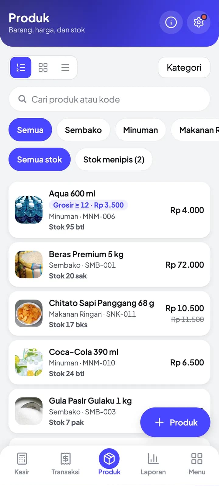 Etalasse Mini Retail di HP: layar Produk & stok
